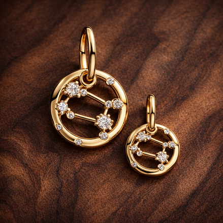 Cancer Zodiac Charm - Gold Plated Cancer Zodiac Charm — display on walnut