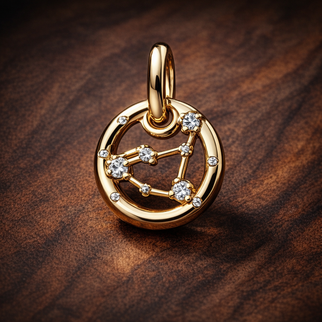 Aquarius Zodiac Charm - Gold Plated Aquarius Zodiac Charm — display on walnut