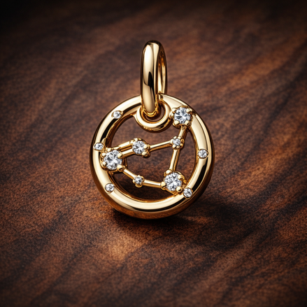 Aquarius Zodiac Charm - Gold Plated Aquarius Zodiac Charm — display on walnut