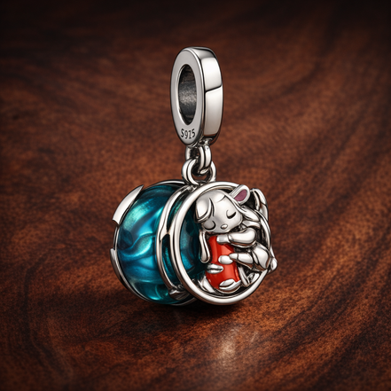 Disney Lilo & Stitch Family Dangle Charm — display on walnut