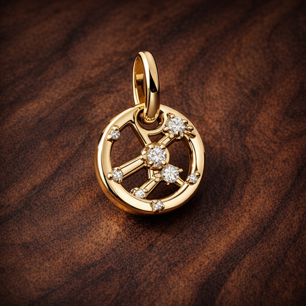 Sagittarius Zodiac Charm - Gold Plated Sagittarius Zodiac Charm — display on walnut