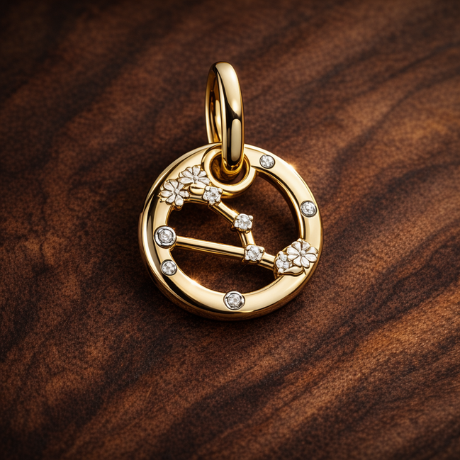 Scorpio Zodiac Charm - Gold Plated Scorpio Zodiac Charm — display on walnut