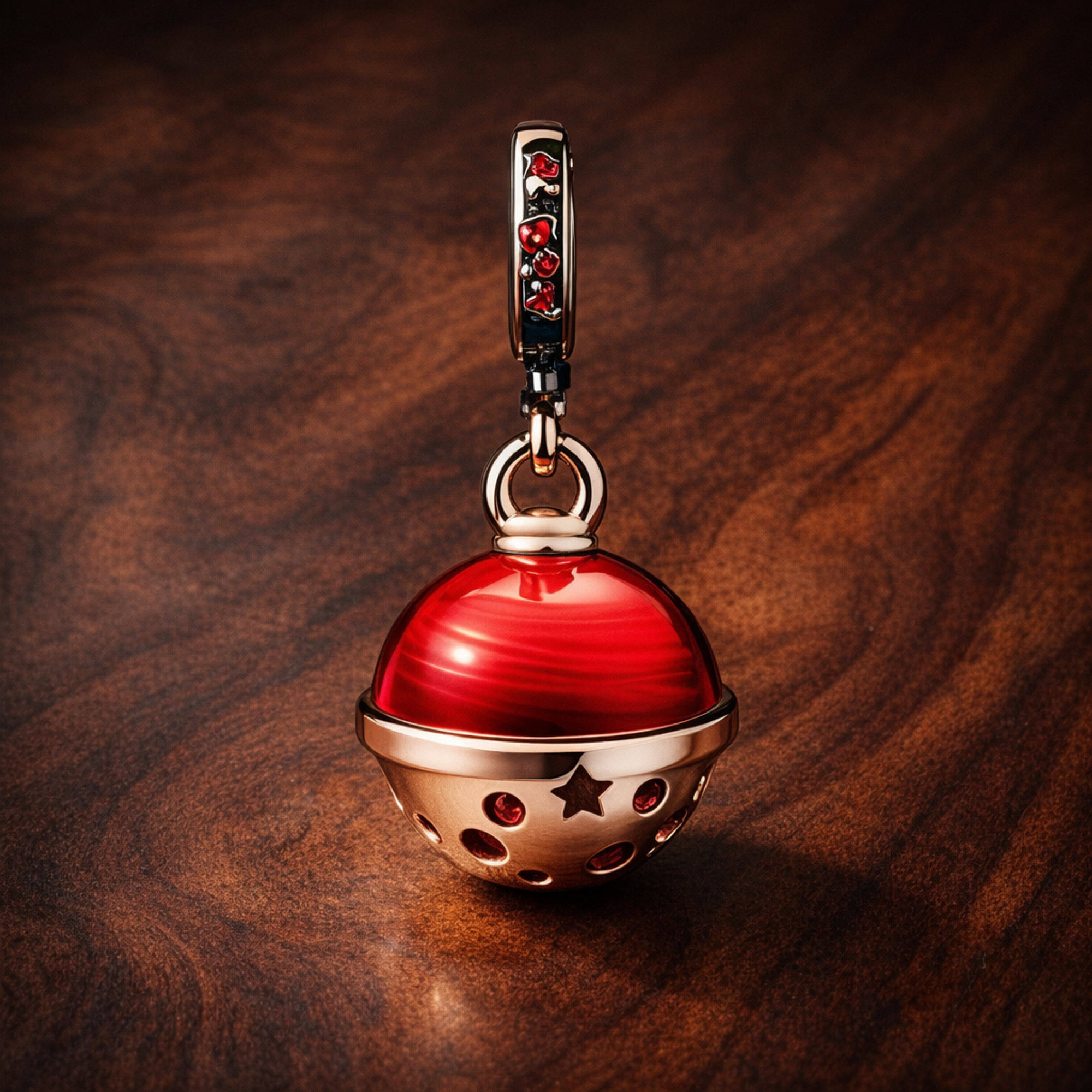 Santa Face Bell Charm - Santa Face Holiday Dangle Charm — display on walnut