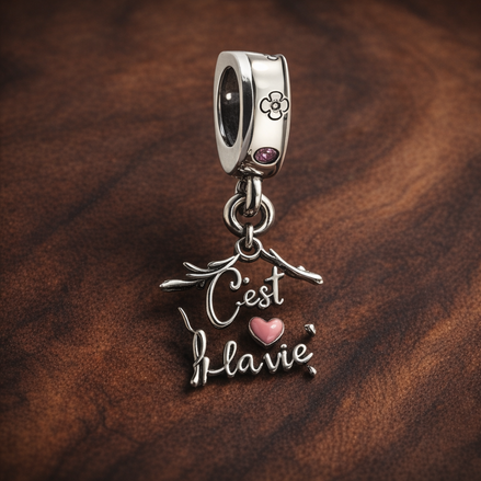 C'est La Vie Quote Charm - C'est La Vie Script Dangle Charm — display on walnut