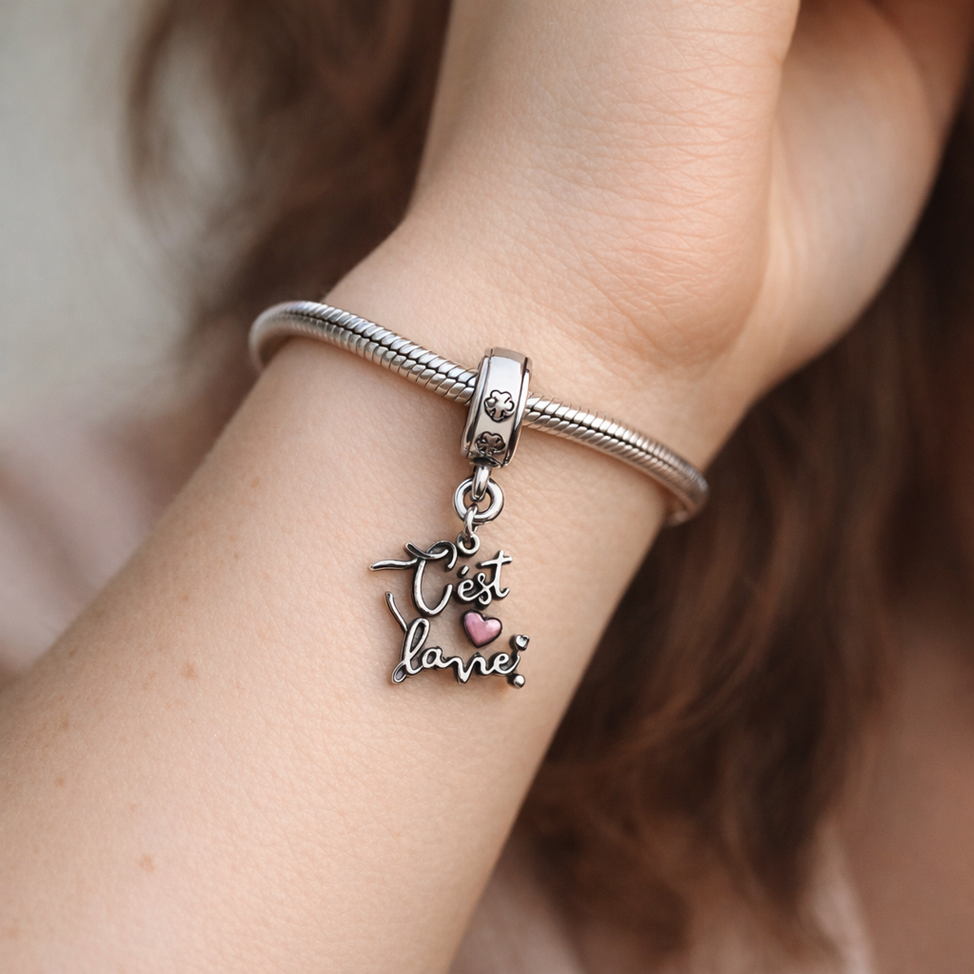 C'est La Vie Quote Charm - C'est La Vie Script Dangle Charm — worn on wrist