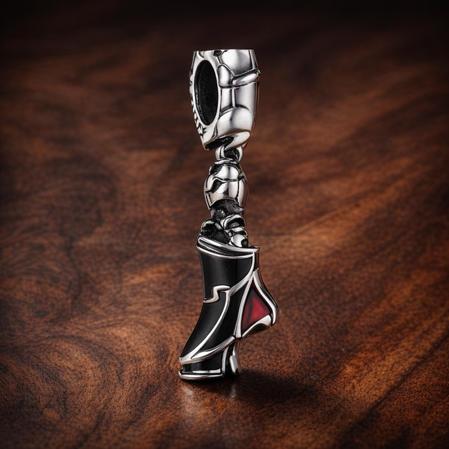 Black High Heel Charm - Black High Heel Dangle Charm — display on walnut