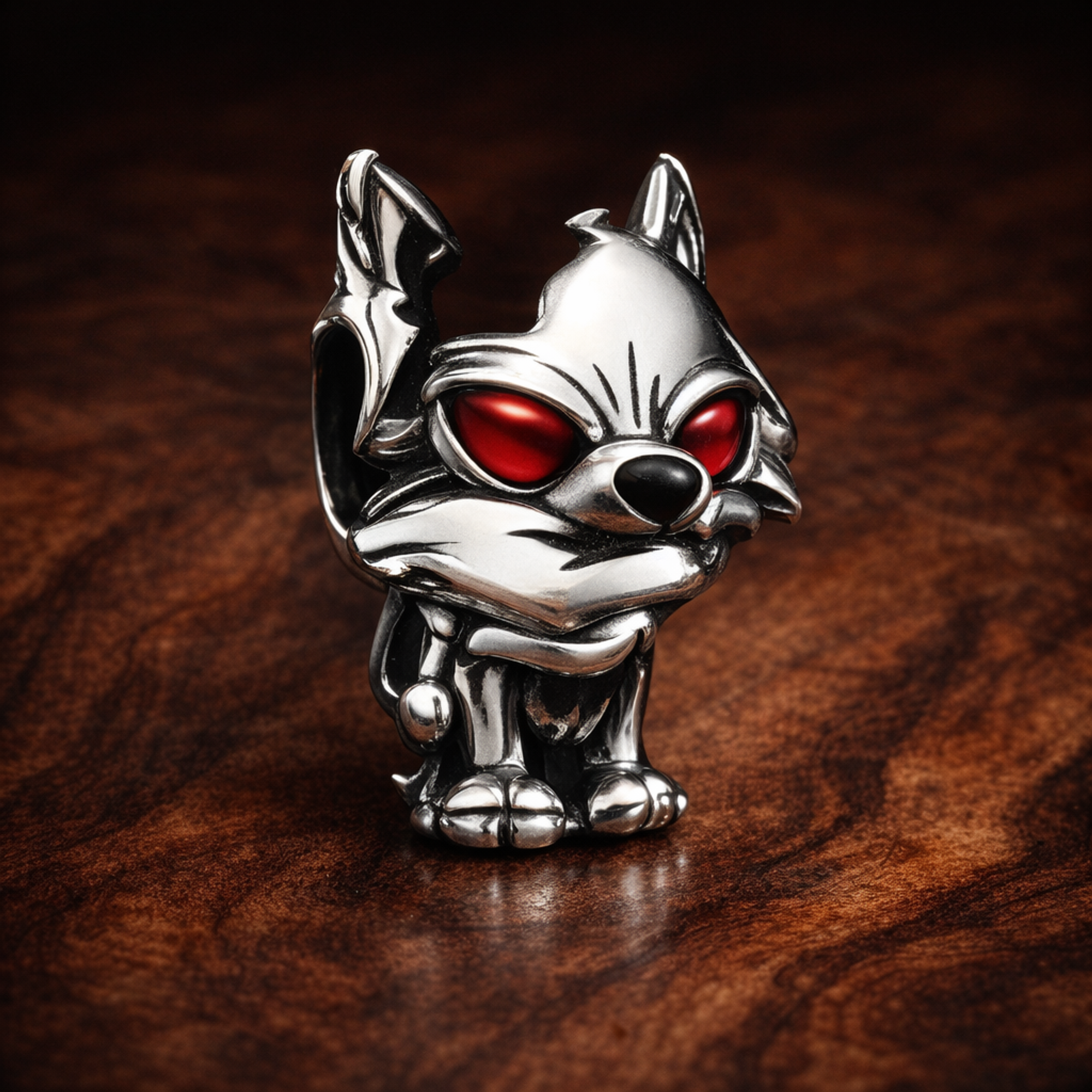 Game of Thrones Ghost Direwolf Charm — display on walnut