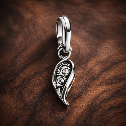 Pandora ME Sparkling Angel Wing Mini Dangle Charm — display on walnut