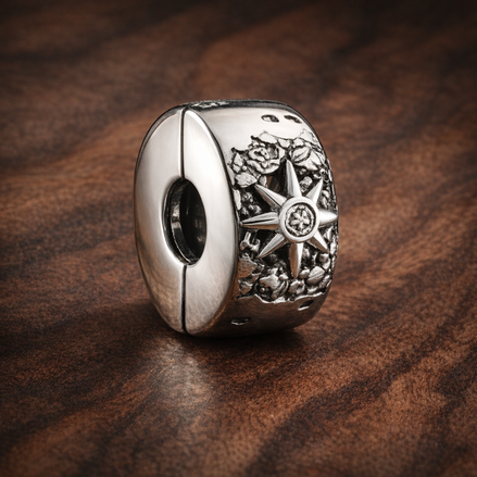 Sun Moon Star Bead - Silver Sun Moon Star Bead Charm — display on walnut