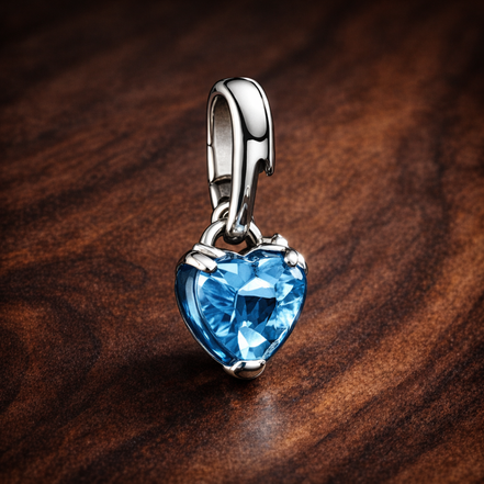 Pandora ME Blue Chakra Heart Mini Dangle Charm — display on walnut
