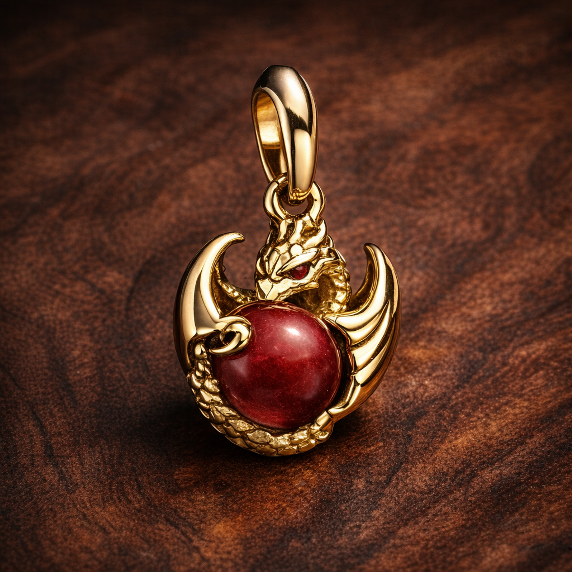Game of Thrones Dragon Fire Dangle Charm — display on walnut