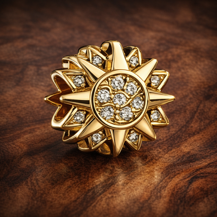 Gold Plated Sunflower Pavé Charm - Gold Plated Sunburst Crystal Charm — display on walnut