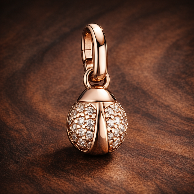 Pandora ME Lucky Ladybird Mini Dangle Charm — display on walnut