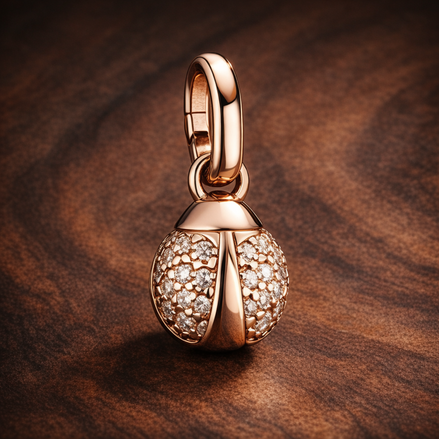 Pandora ME Lucky Ladybird Mini Dangle Charm — display on walnut