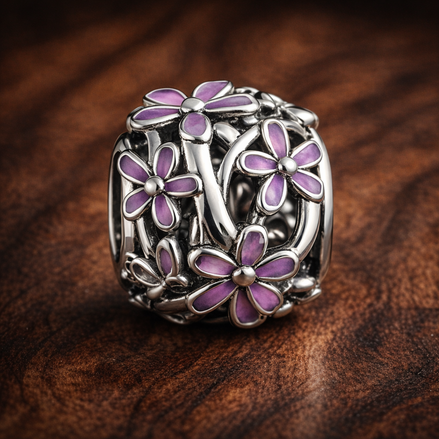 Openwork Purple Daisy Charm — display on walnut