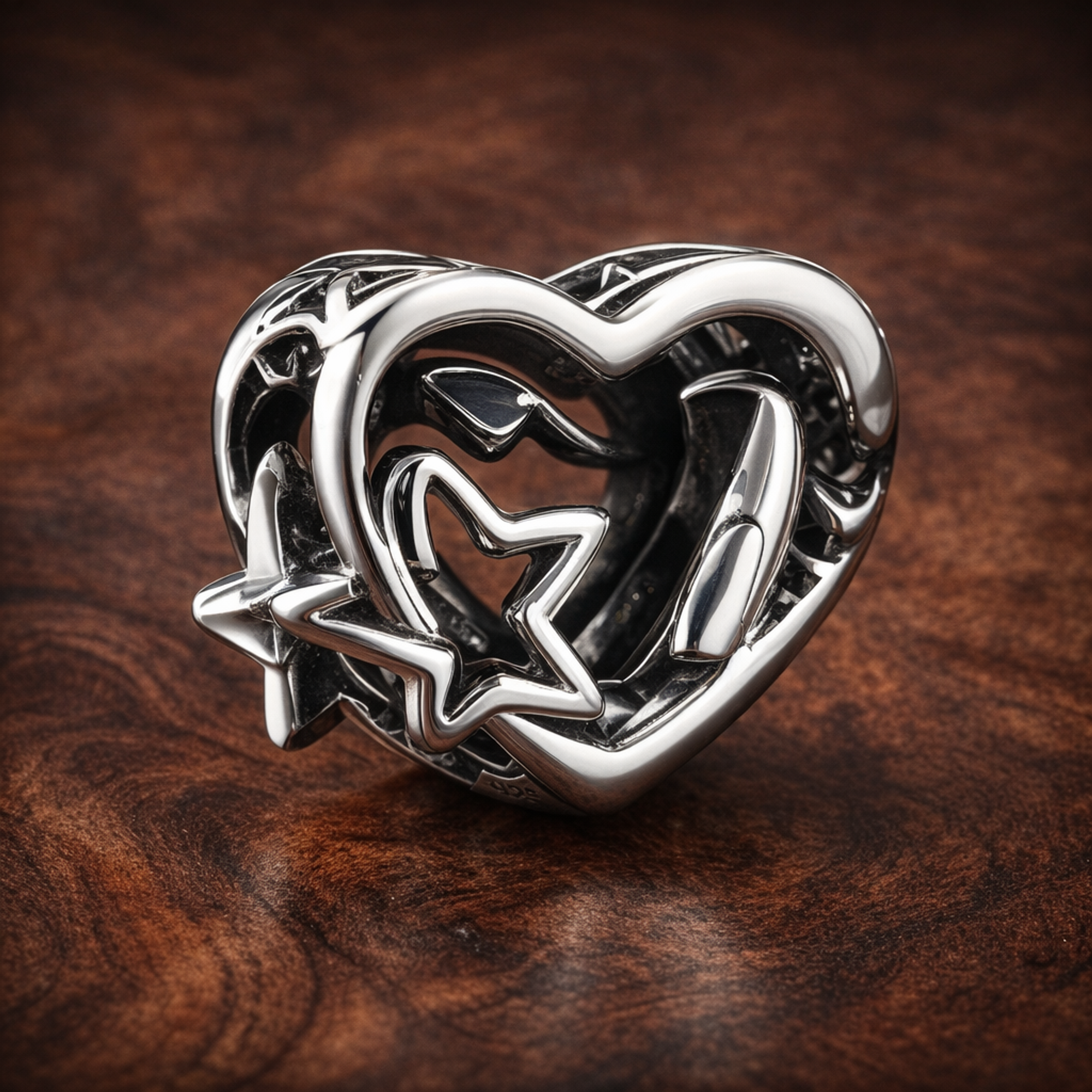 Openwork Family Heart & Star Charm — display on walnut