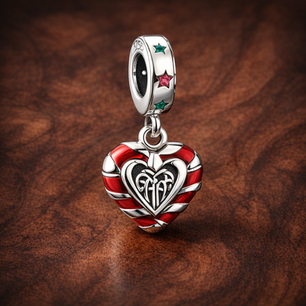 Double Candy Cane Heart Christmas Dangle Charm — display on walnut