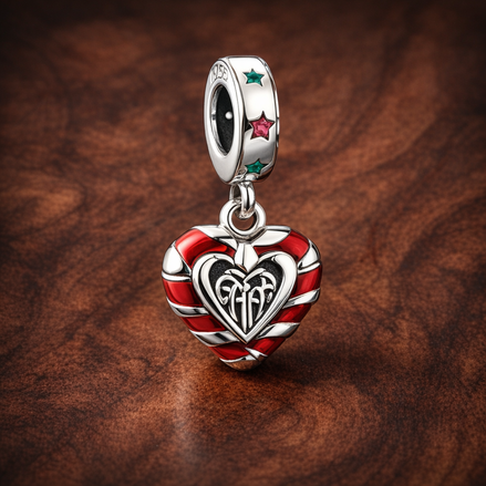 Double Candy Cane Heart Christmas Dangle Charm — display on walnut
