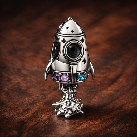 Space Love Rocket Charm — display on walnut