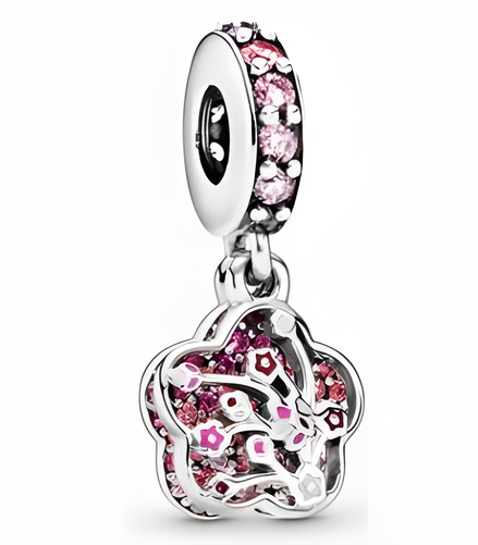 Sterling Silver Pink Cherry Blossom Flower Dangle Charm with Sparkling Stones