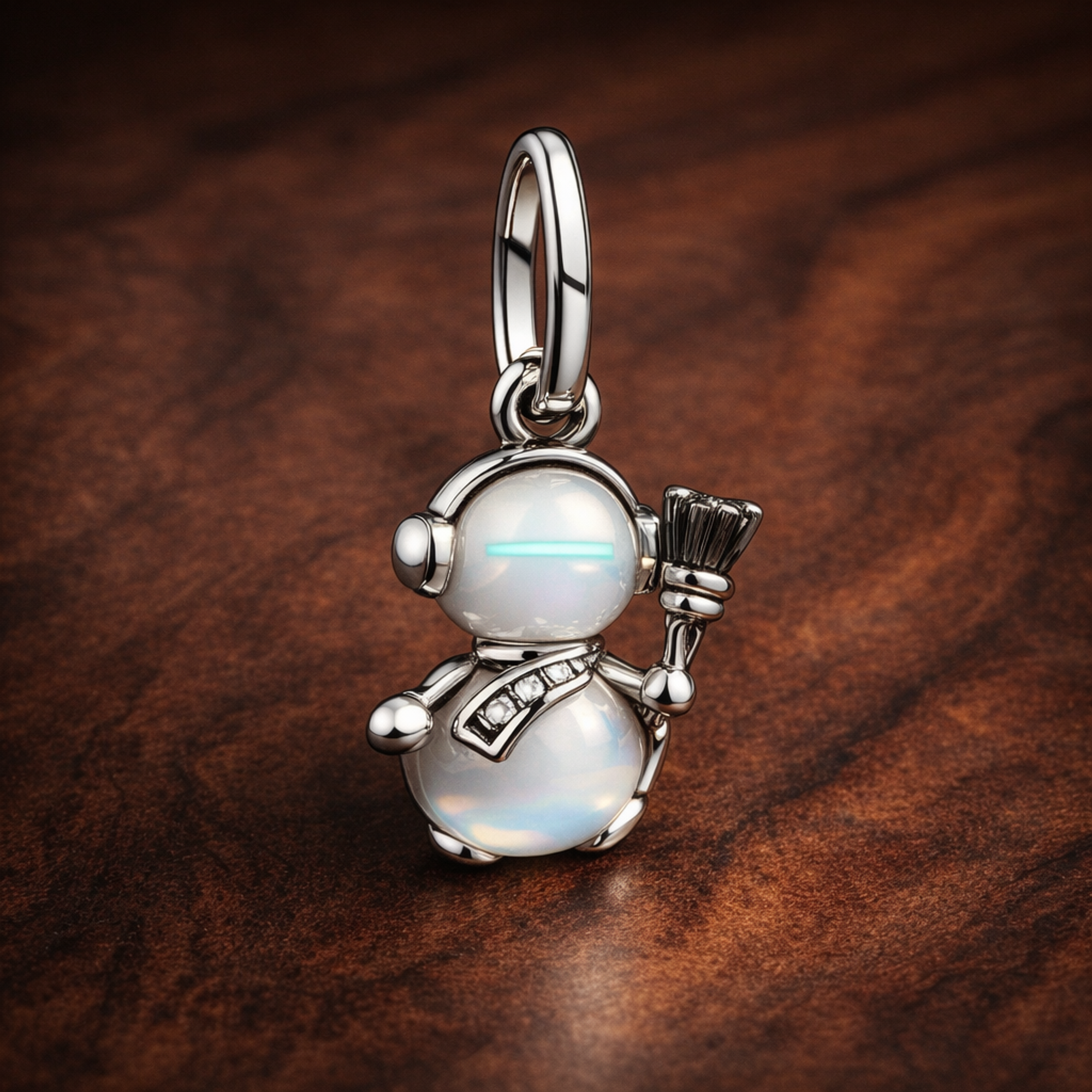 Opalescent Snowman Dangle Charm — display on walnut
