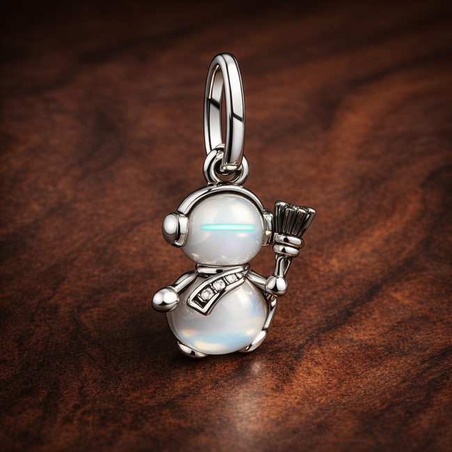 Opalescent Snowman Dangle Charm — display on walnut