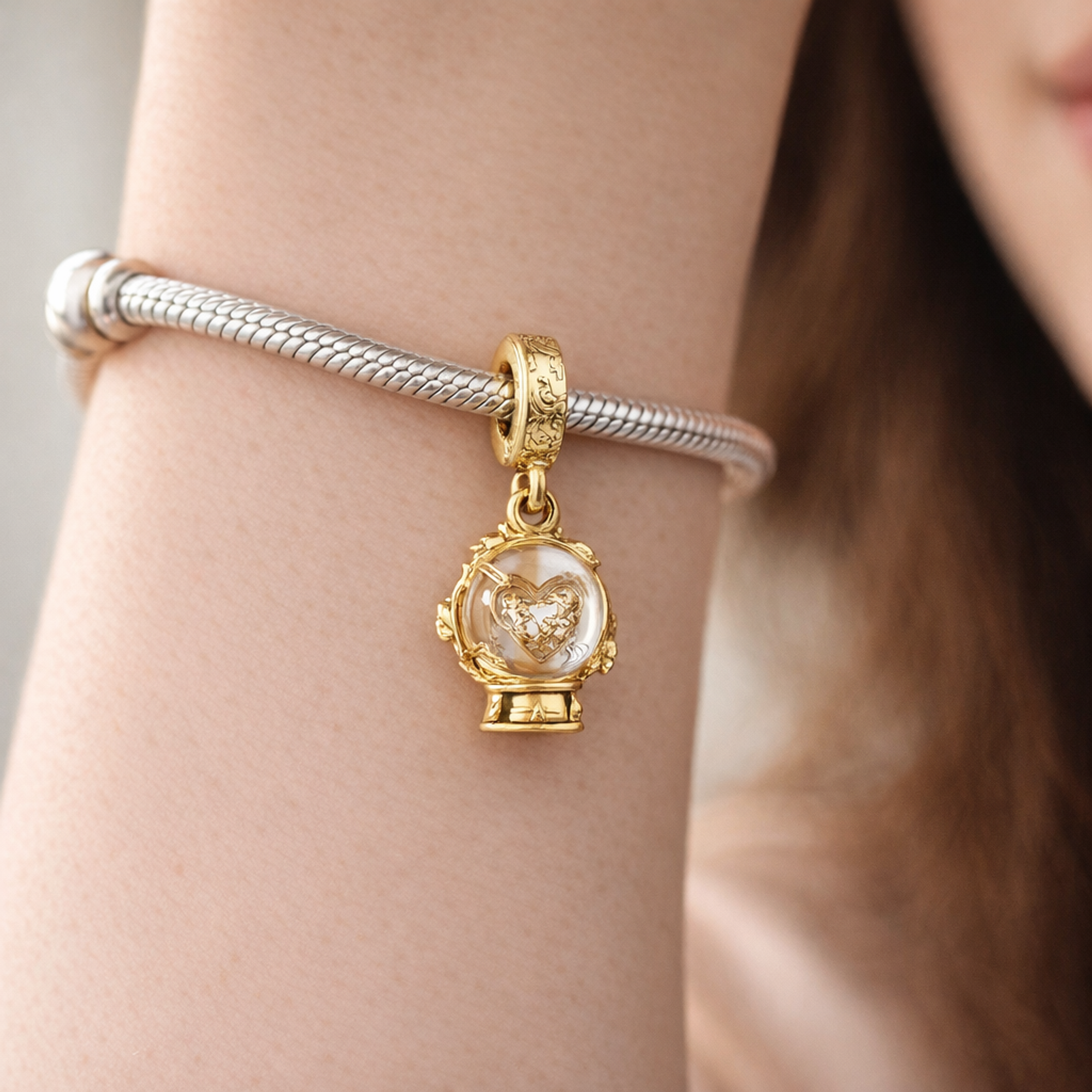 Heart Snowflake Snow Globe Dangle Charm — worn on wrist