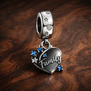 Family Love Double Dangle Charm — display on walnut