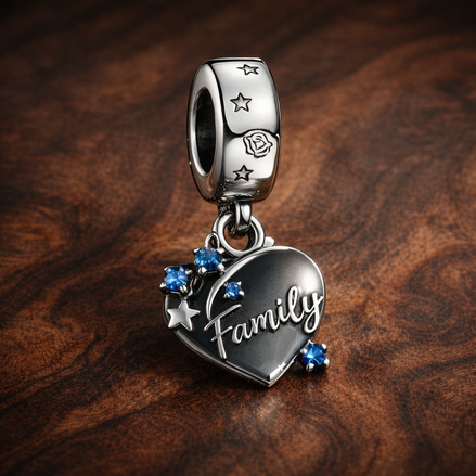 Family Love Double Dangle Charm — display on walnut