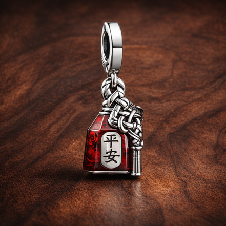 Lucky Amulet Double Dangle Charm — display on walnut