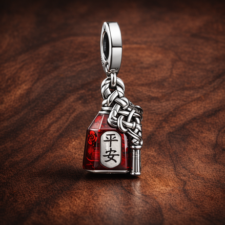 Lucky Amulet Double Dangle Charm — display on walnut