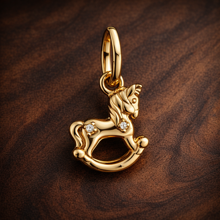 Rocking Unicorn Dangle Charm — display on walnut