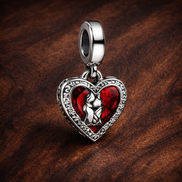 Red Heart & Keyhole Double Dangle Charm — display on walnut