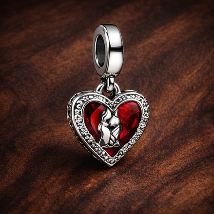 Red Heart & Keyhole Double Dangle Charm — display on walnut