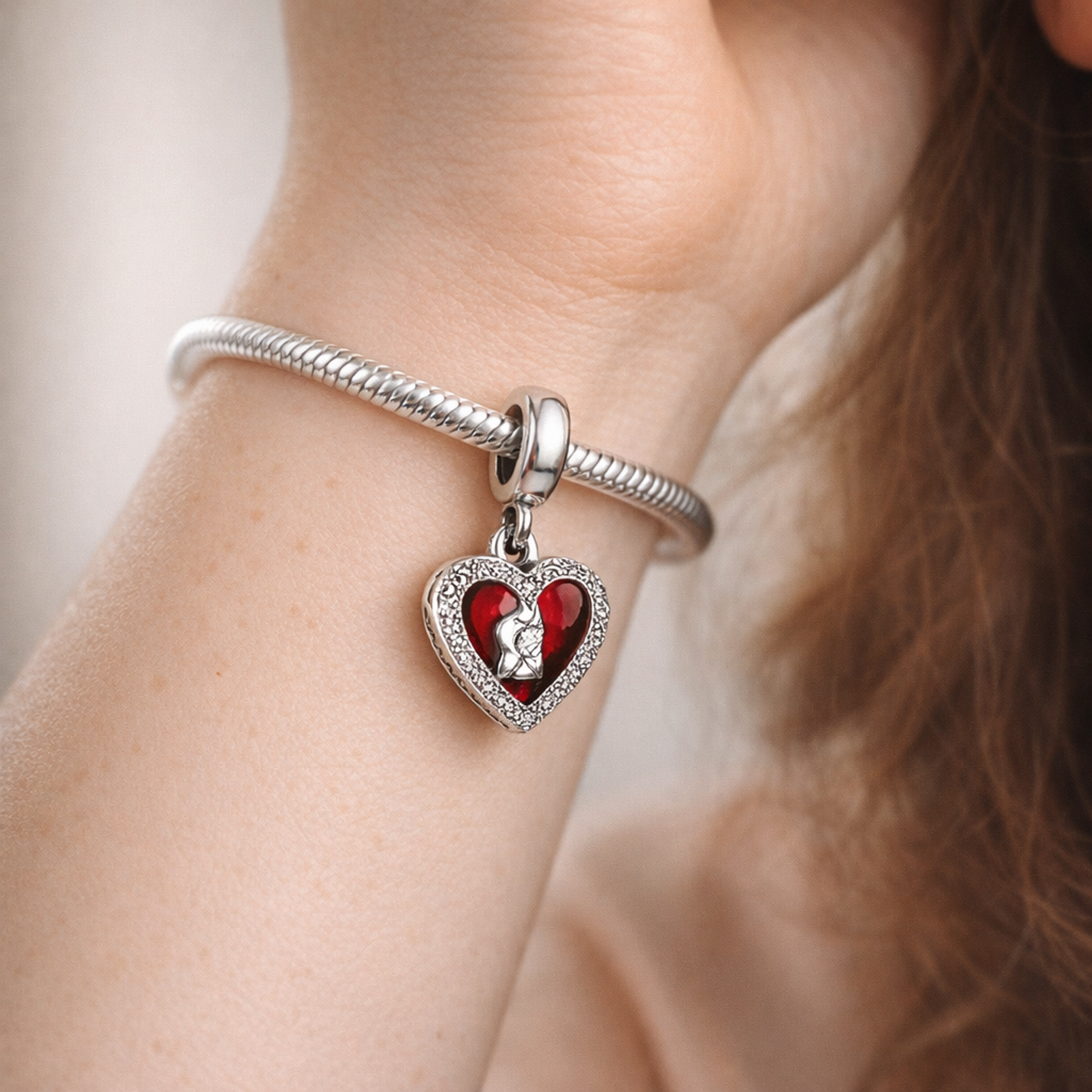 Red Heart & Keyhole Double Dangle Charm — worn on wrist
