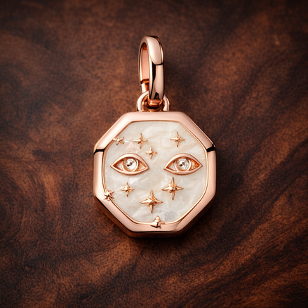 Rose Gold Plated Starry Disc Charm - Rose Gold Plated Starry Octagon Charm — display on walnut