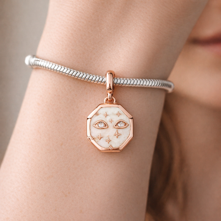 Rose Gold Plated Starry Disc Charm - Rose Gold Plated Starry Octagon Charm — worn on wrist