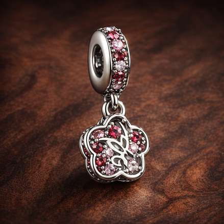 Pink Princess Crown Dangle - Pink Princess Crown Dangle Charm — display on walnut