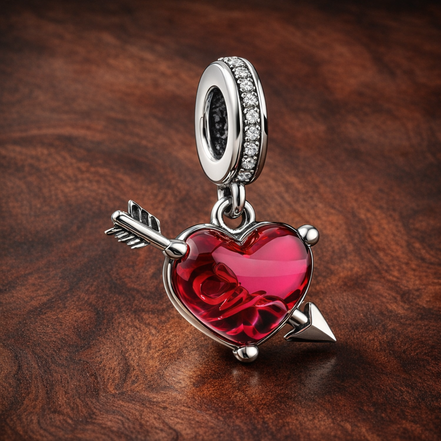 Red Heart & Arrow Murano Glass Dangle Charm — display on walnut