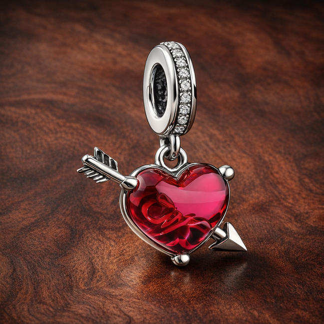 Red Heart & Arrow Murano Glass Dangle Charm — display on walnut