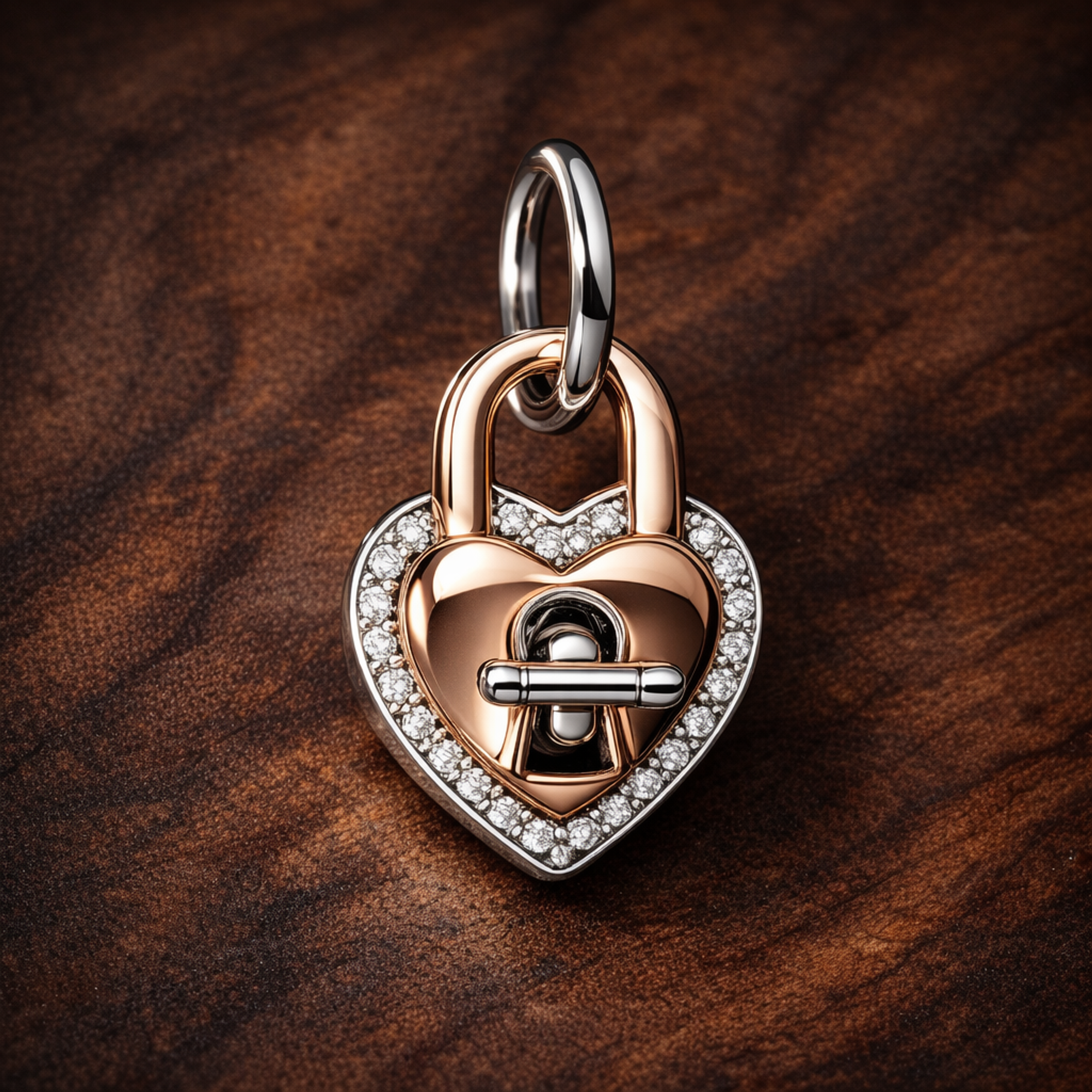 Heart Padlock Charm - Rose Gold Plated Heart Lock Charm — display on walnut