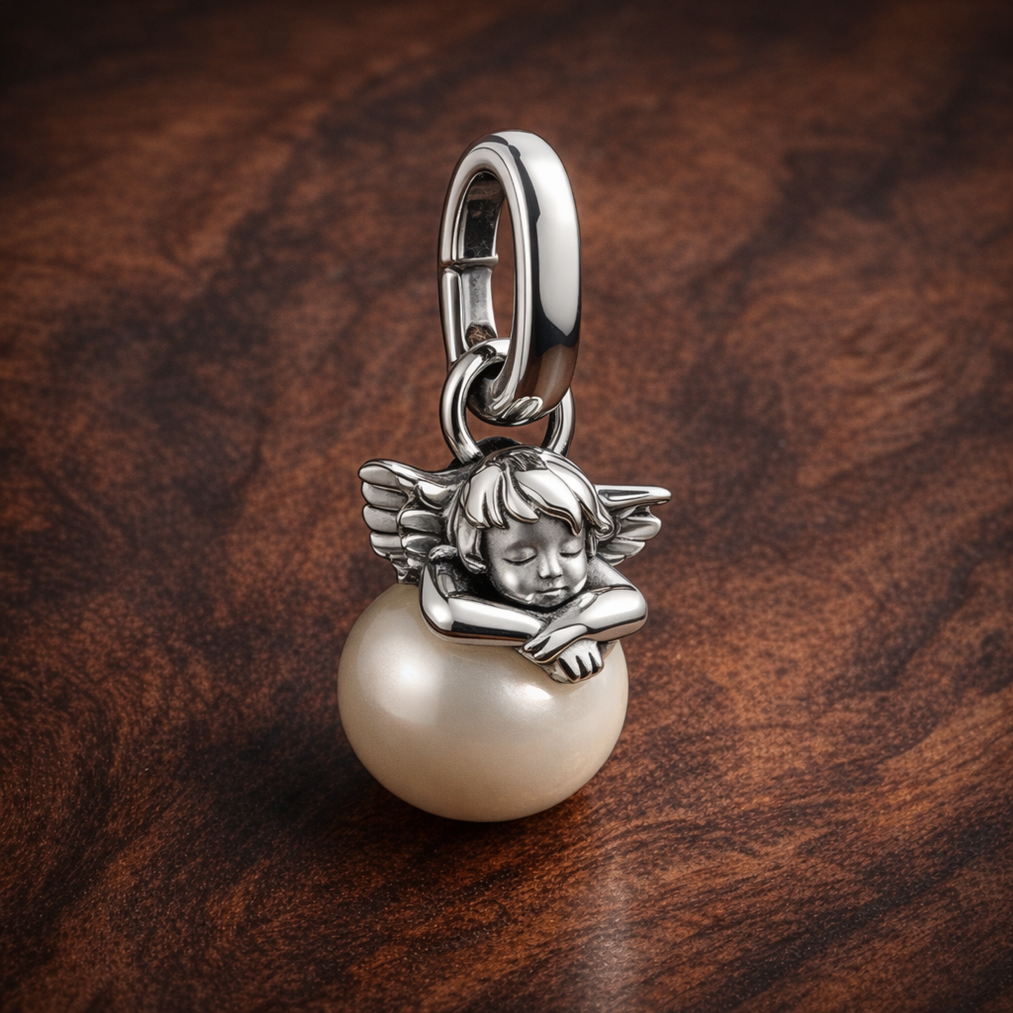 Pandora ME Cupid Mini Dangle Charm — display on walnut