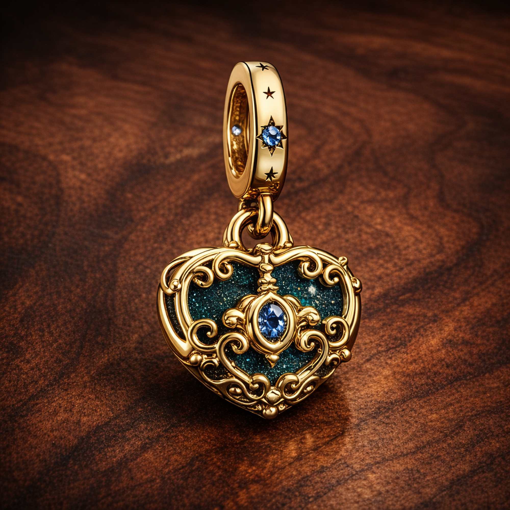 Disney Cinderella's Carriage & Heart Double Dangle Charm — display on walnut
