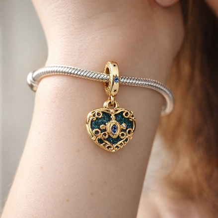 Disney Cinderella's Carriage & Heart Double Dangle Charm — worn on wrist