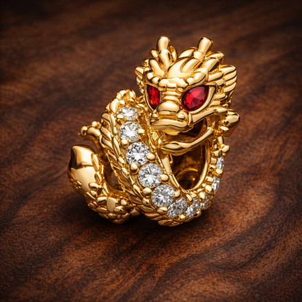 Dragon Charm — display on walnut