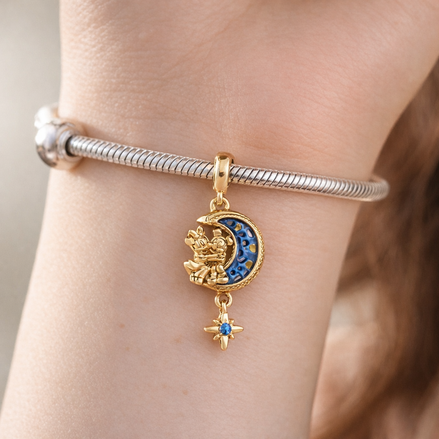 Blue Crescent Moon Charm - Blue Moon and Star Dangle Charm — worn on wrist