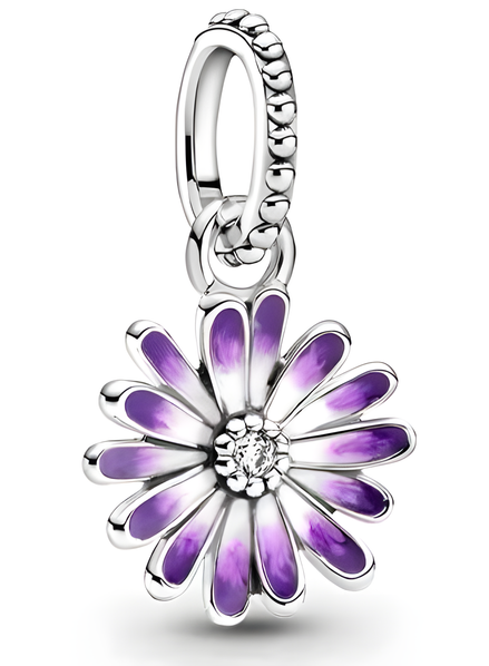 Sterling Silver Purple Enamel Daisy Flower Dangle Charm with Center Stone