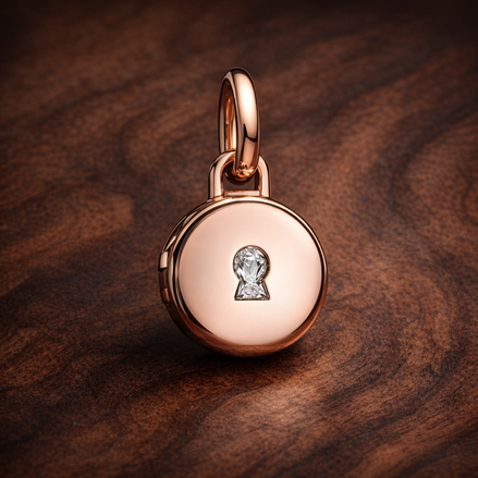 Rose Gold Plated Initial Disc Charm - Rose Gold Plated Initial Disc Charm — display on walnut