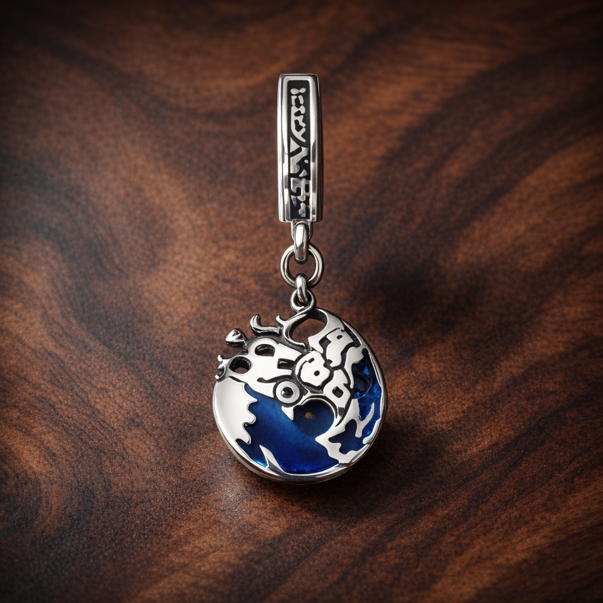 Blue Whale Tail Ocean Charm - Blue Ocean Whale Tail Dangle Charm — display on walnut