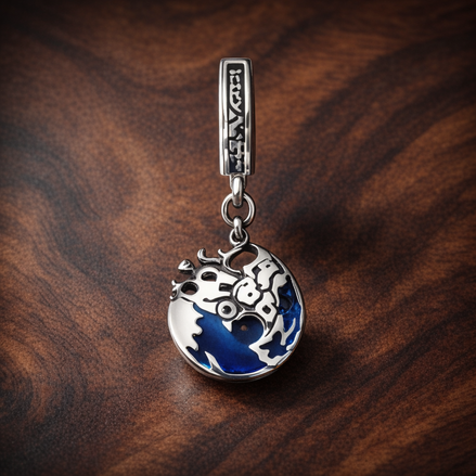Blue Whale Tail Ocean Charm - Blue Ocean Whale Tail Dangle Charm — display on walnut